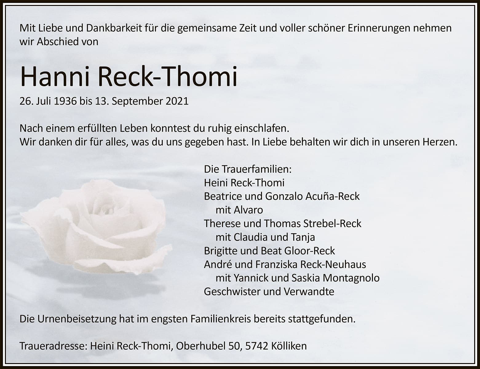 Todesanzeige Hanni Reck-Thomi| Der Landanzeiger