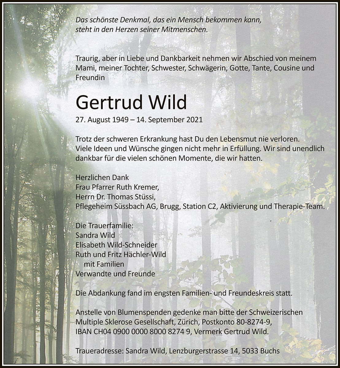Todesanzeige Gertrud Wild | Der Landanzeiger