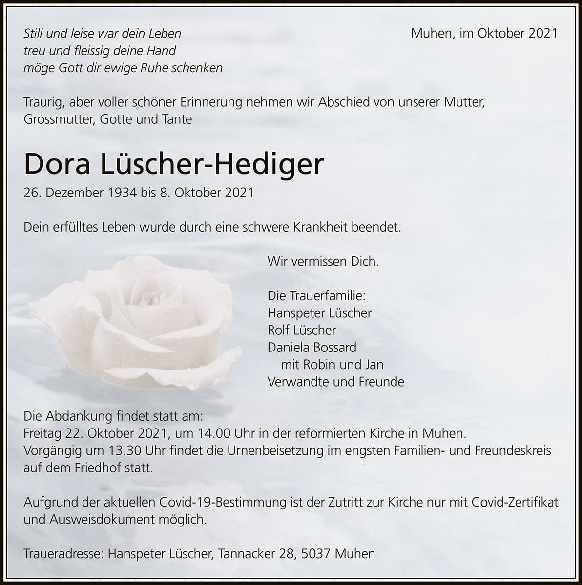 Todesanzeige Dora Lüscher-Hediger | Der Landanzeiger