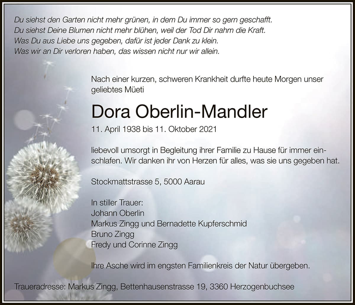 Todesanzeige Dora Oberlin-Mandler | Der Landanzeiger