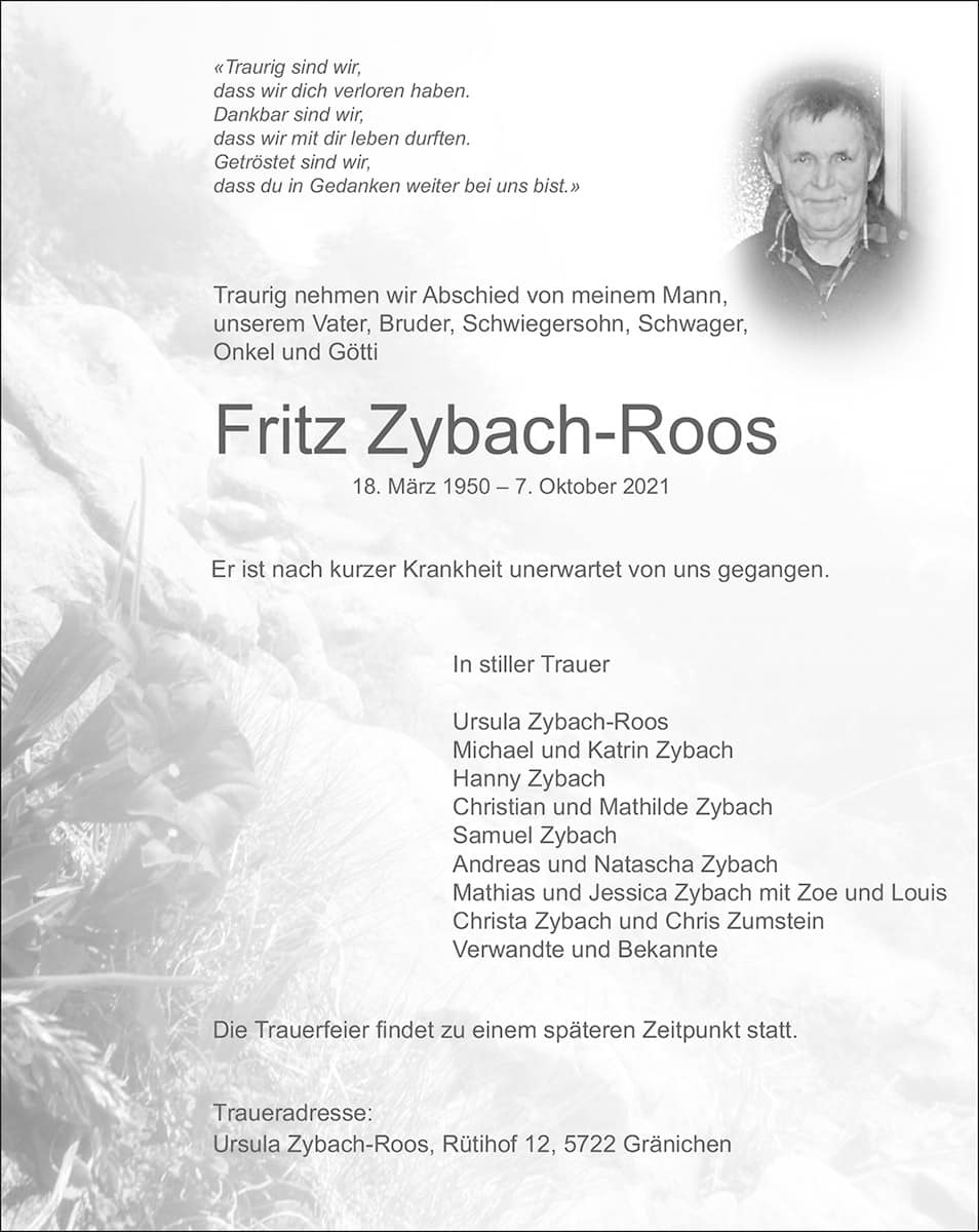 Todesanzeige Fritz Zybach-Roos 1950 | Der Landanzeiger