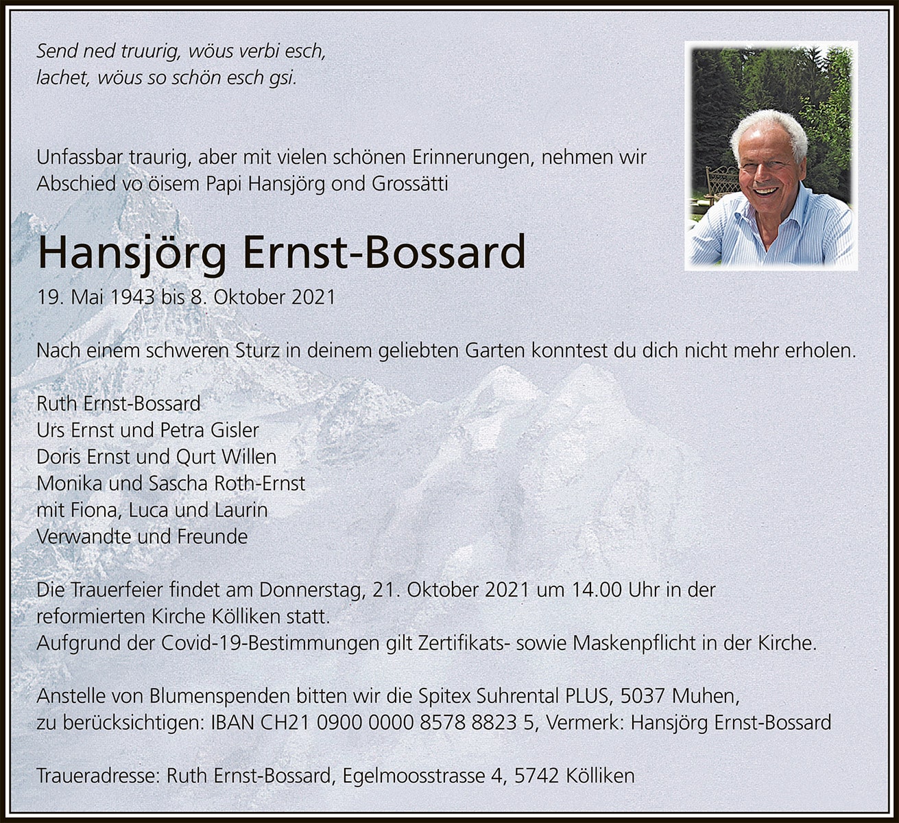 Todesanzeige Hansjörg Ernst-Bossard | Der Landanzeiger