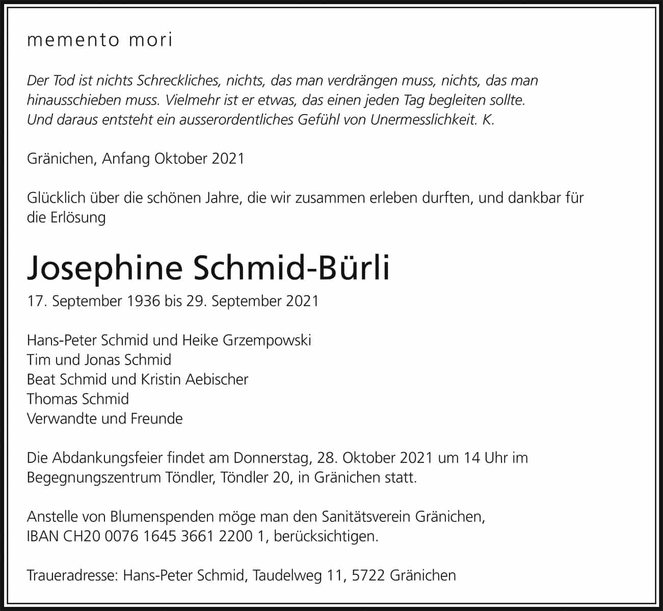 Todesanzeige Josephine_Schmid-Buerli_1936 | Der Landanzeiger