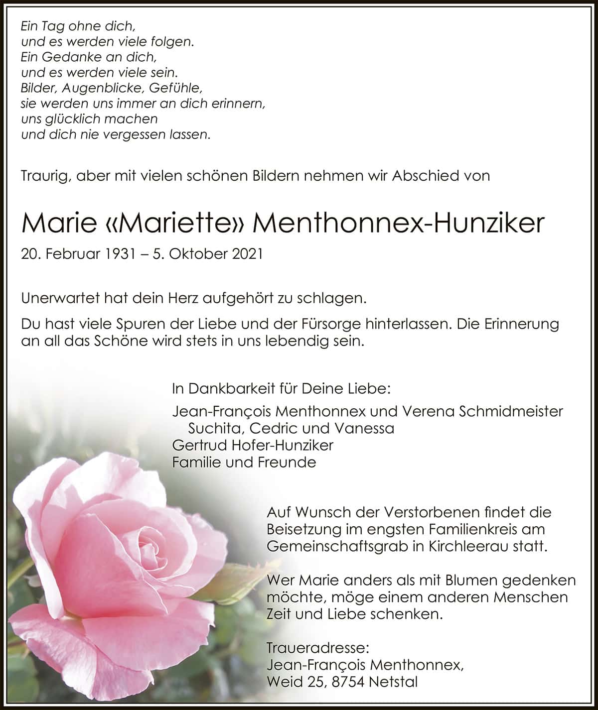 Todesanzeige Marie «Mariette» Menthonnex-Hunziker | Der Landanzeiger