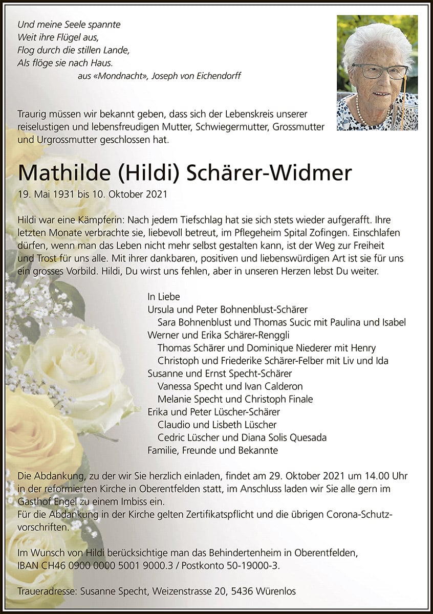Todesanzeige Mathilde_Schaerer-Widmer_1931 | Der Landanzeiger