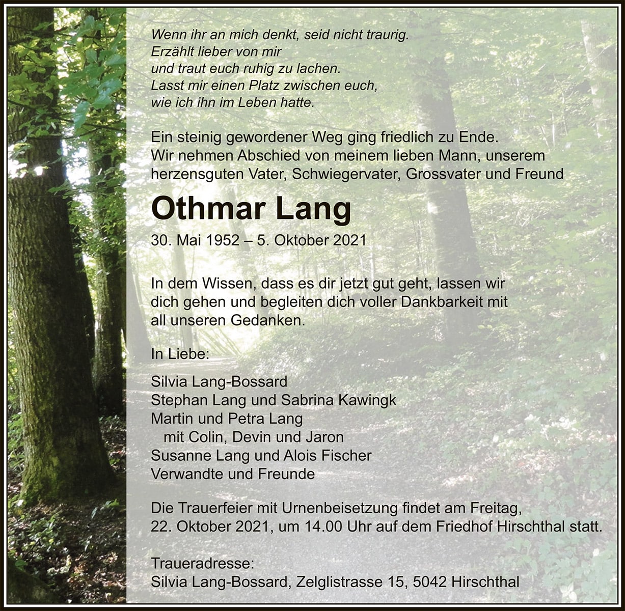 Todesanzeige Othmar Lang | Der Landanzeiger