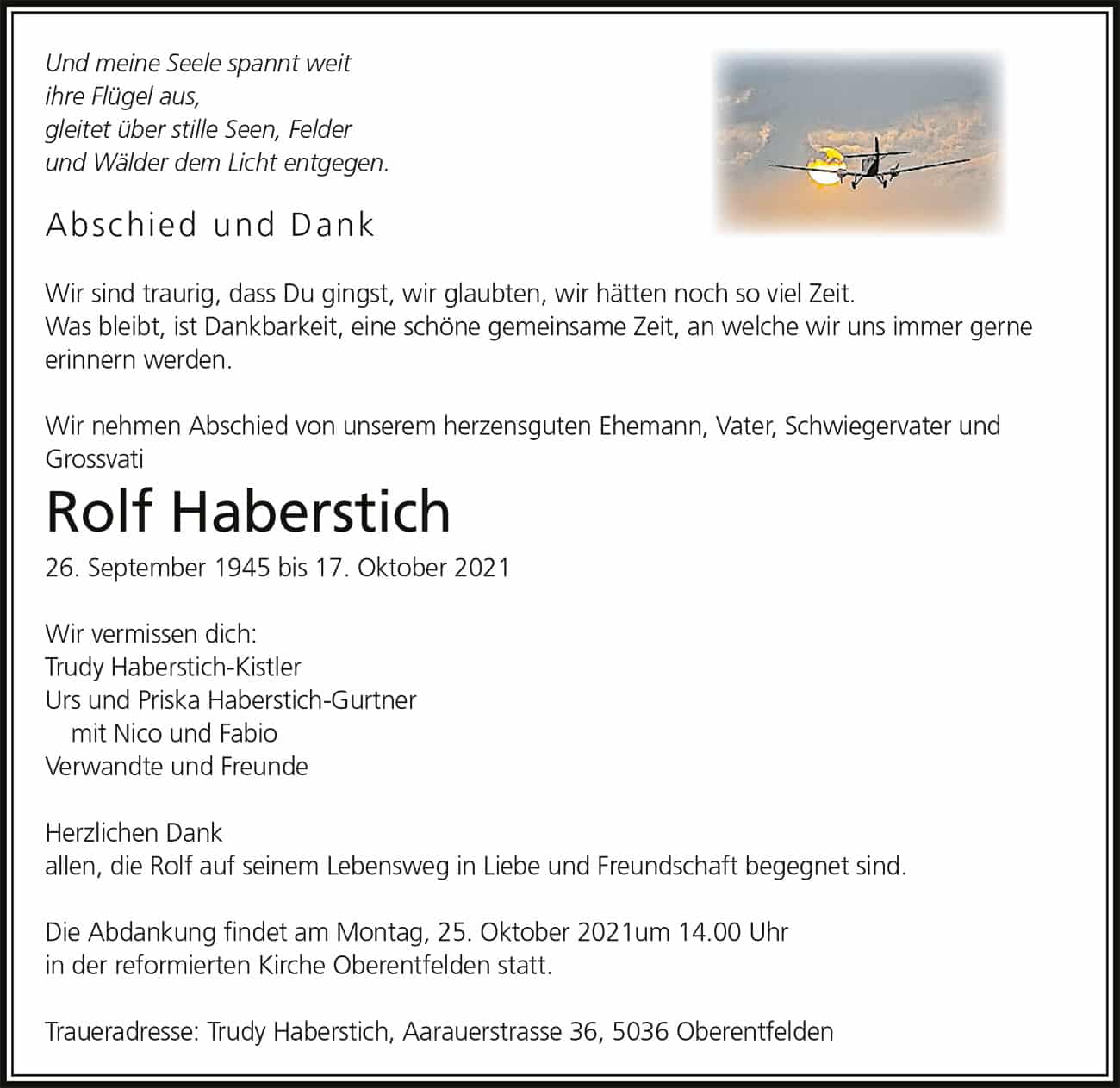 Todesanzeige Rolf Haberstich 1945 | Der Landanzeiger