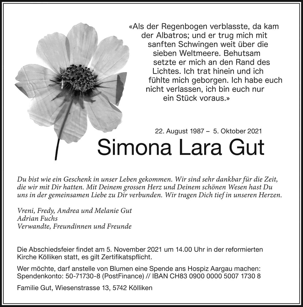 Todesanzeige Simona Lara Gut | Der Landanzeiger
