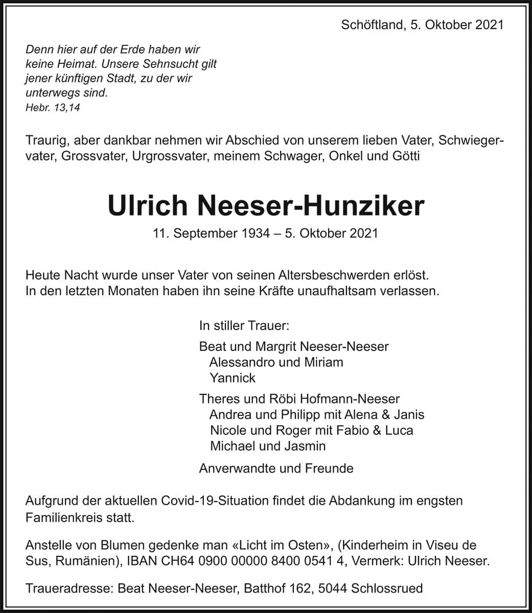 Todesanzeige Ulrich Neeser-Hunziker | Der Landanzeiger