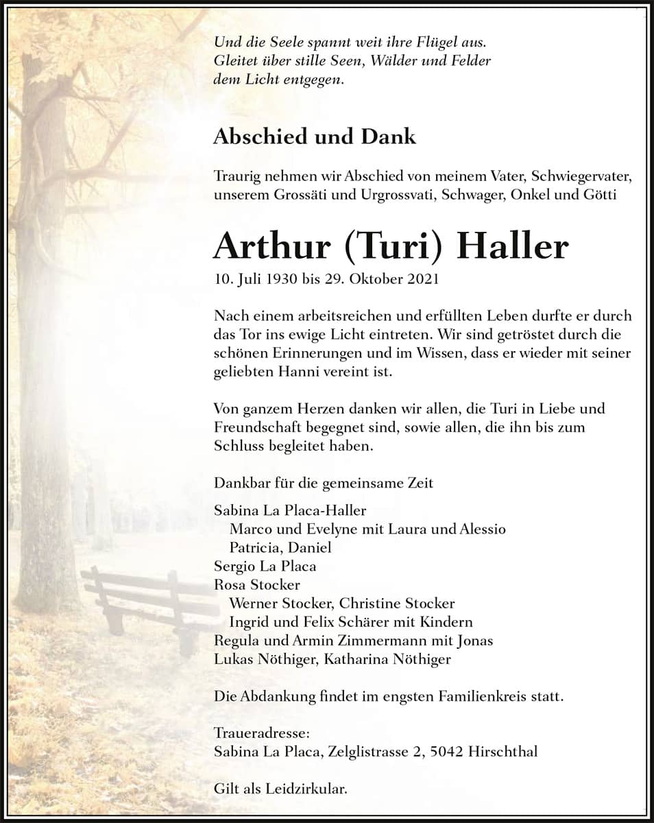 Todesanzeige Arthur (Turi) Haller 1930 | Der Landanzeiger