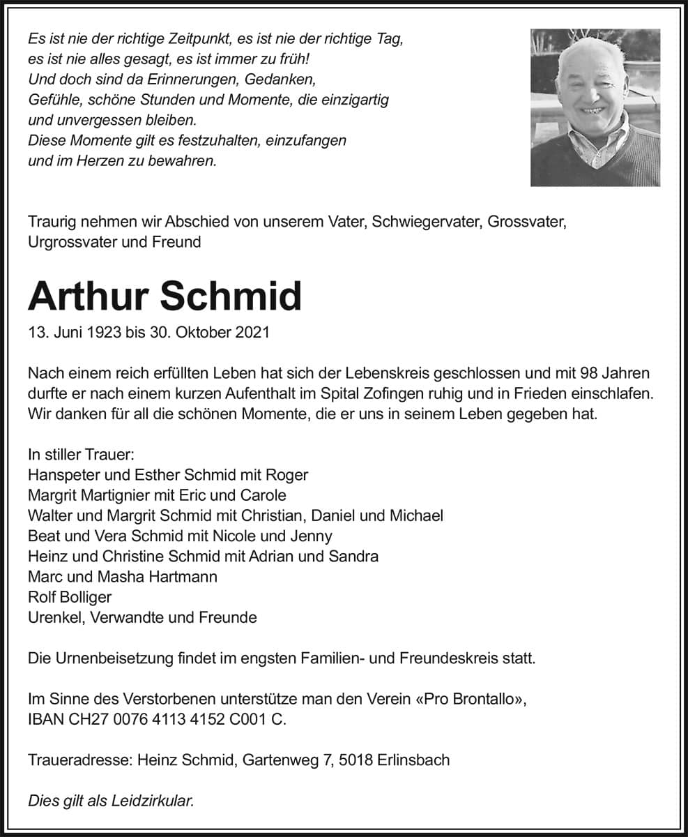 Todesanzeige Arthur Schmid 1923 | Der Landanzeiger