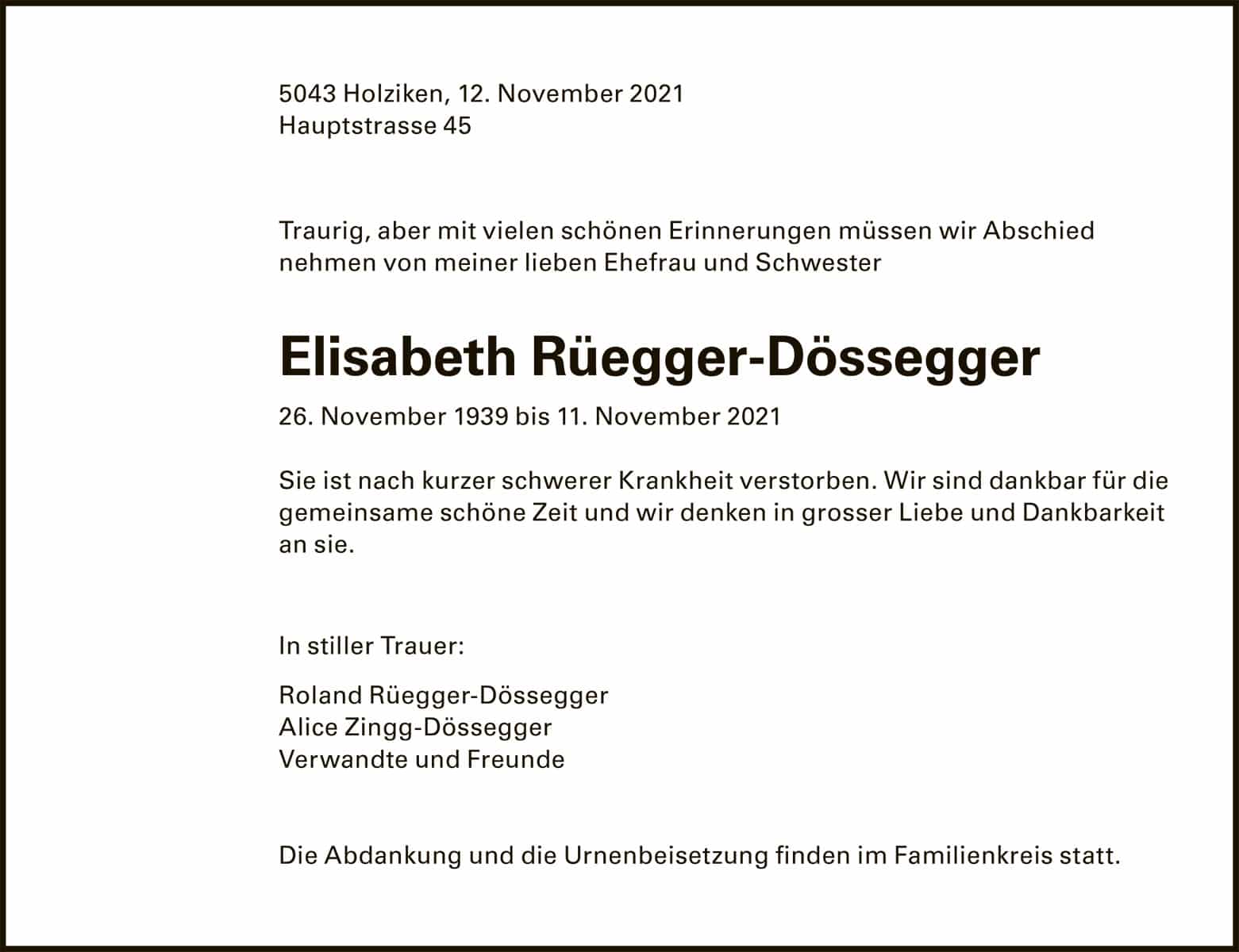 Todesanzeige Elisabeth_Ruegger-Doessegger_1939 | Der Landanzeiger
