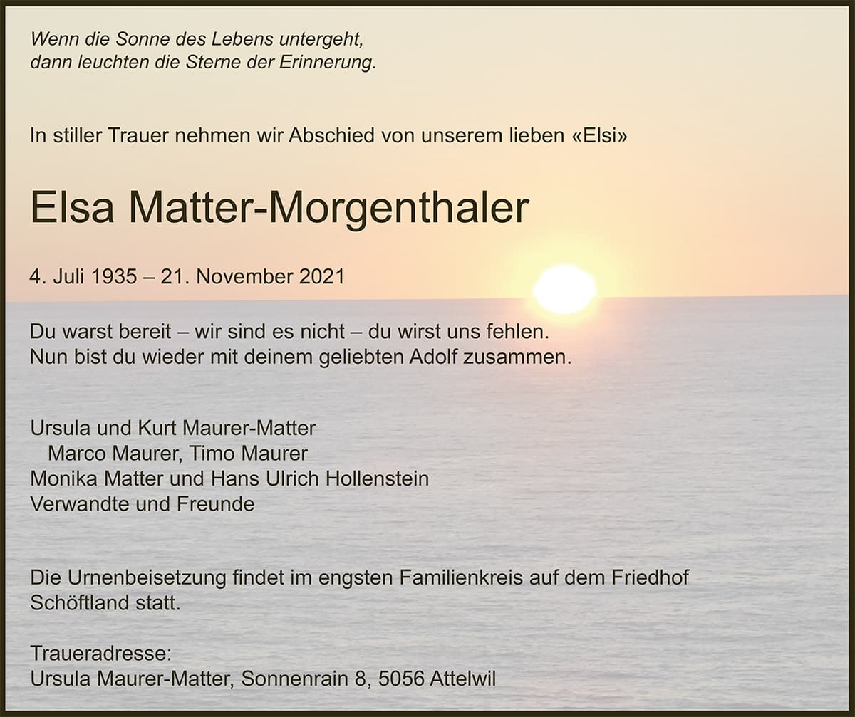 Todesanzeige Elsa_Matter-Morgenthaler_1935 | Der Landanzeiger