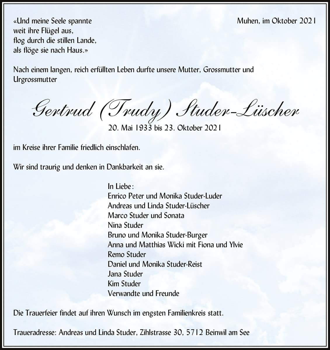 Todesanzeige Gertrud (Trudy) Studer-Lüscher 1933 | Der Landanzeiger