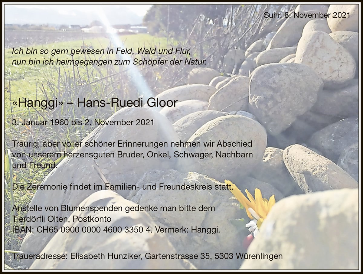 Todesanzeige «Hanggi» – Hans-Ruedi Gloor 1960 | Der Landanzeiger