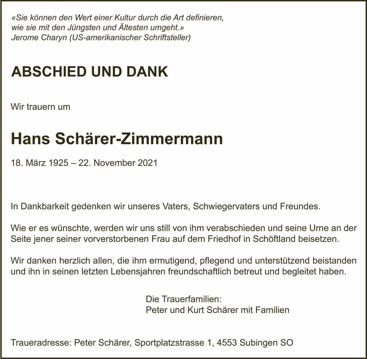 Todesanzeige Hans_Schaerer-Zimmermann_1925 | Der Landanzeiger