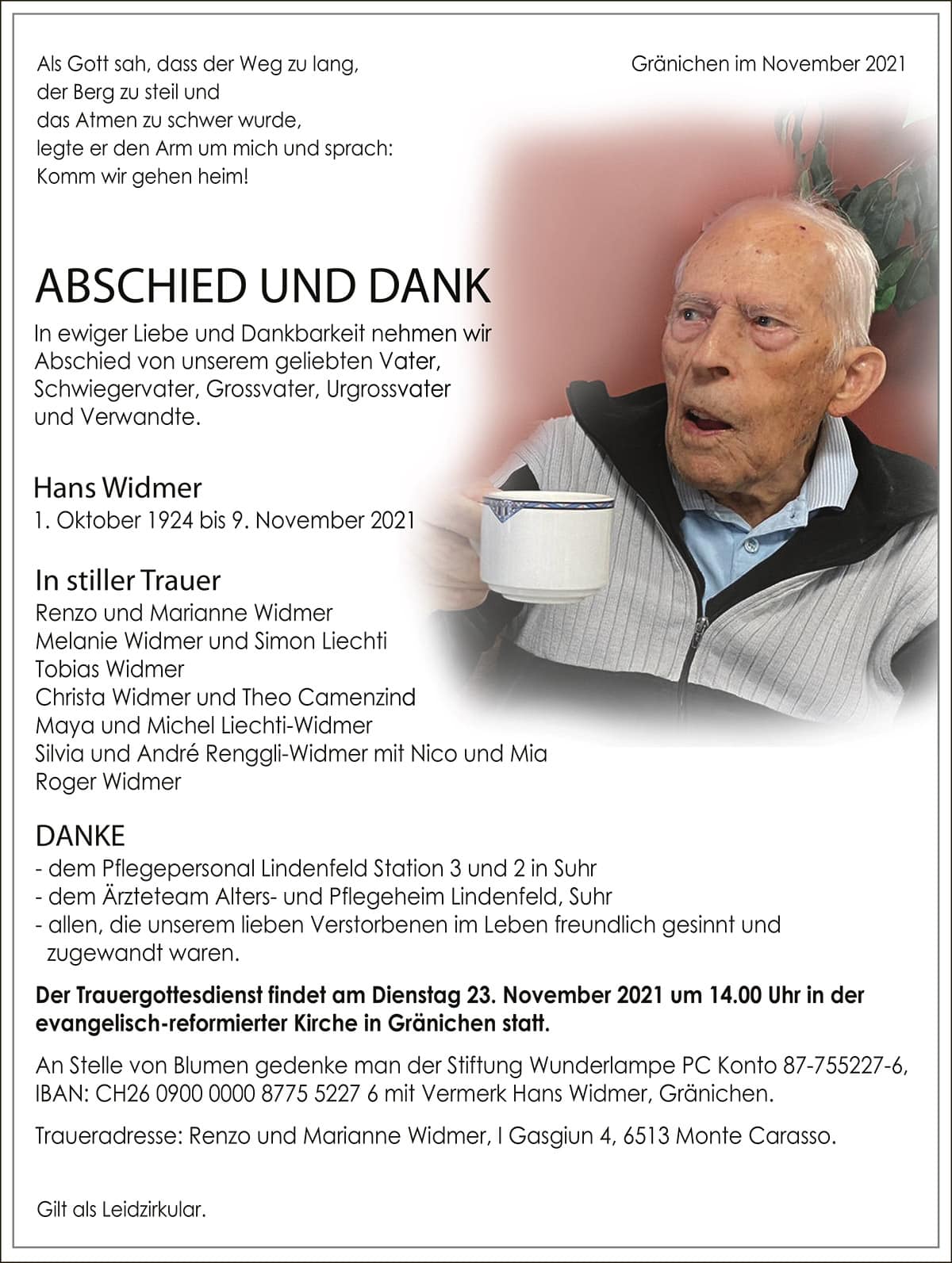 Todesanzeige Hans_Widmer_1924 | Der Landanzeiger