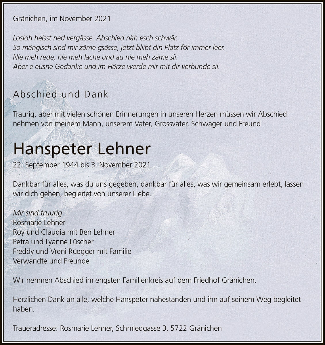 Todesanzeige Hanspeter Lehner 1944 | Der Landanzeiger