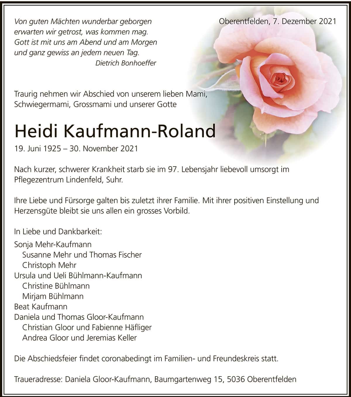 Todesanzeige Heidi Kaufmann-Roland 1925 | Der Landanzeiger