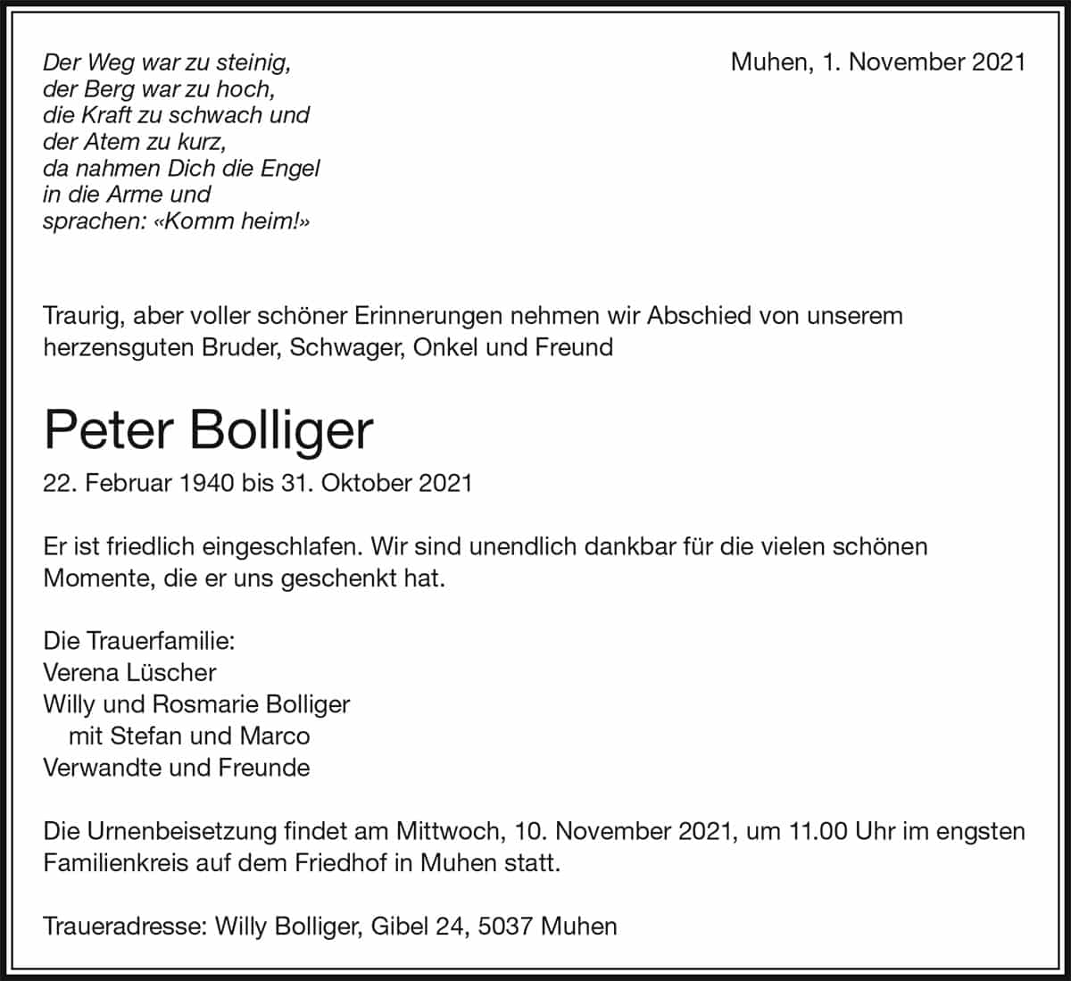 Todesanzeige Peter Bolliger 1940 | Der Landanzeiger