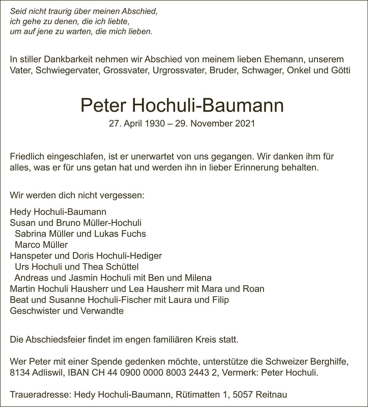 Todesanzeige Peter_Hochuli-Baumann_1930 | Der Landanzeiger