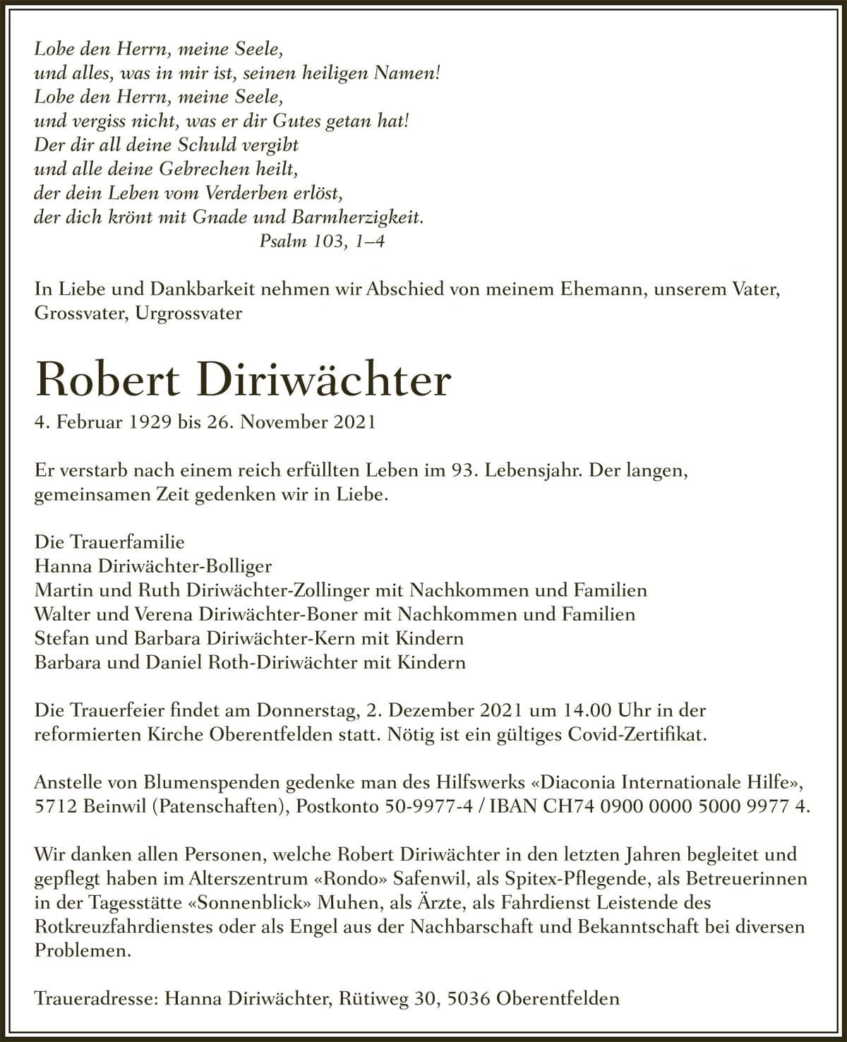 Todesanzeige Robert_Diriwaechter_1929 | Der Landanzeiger