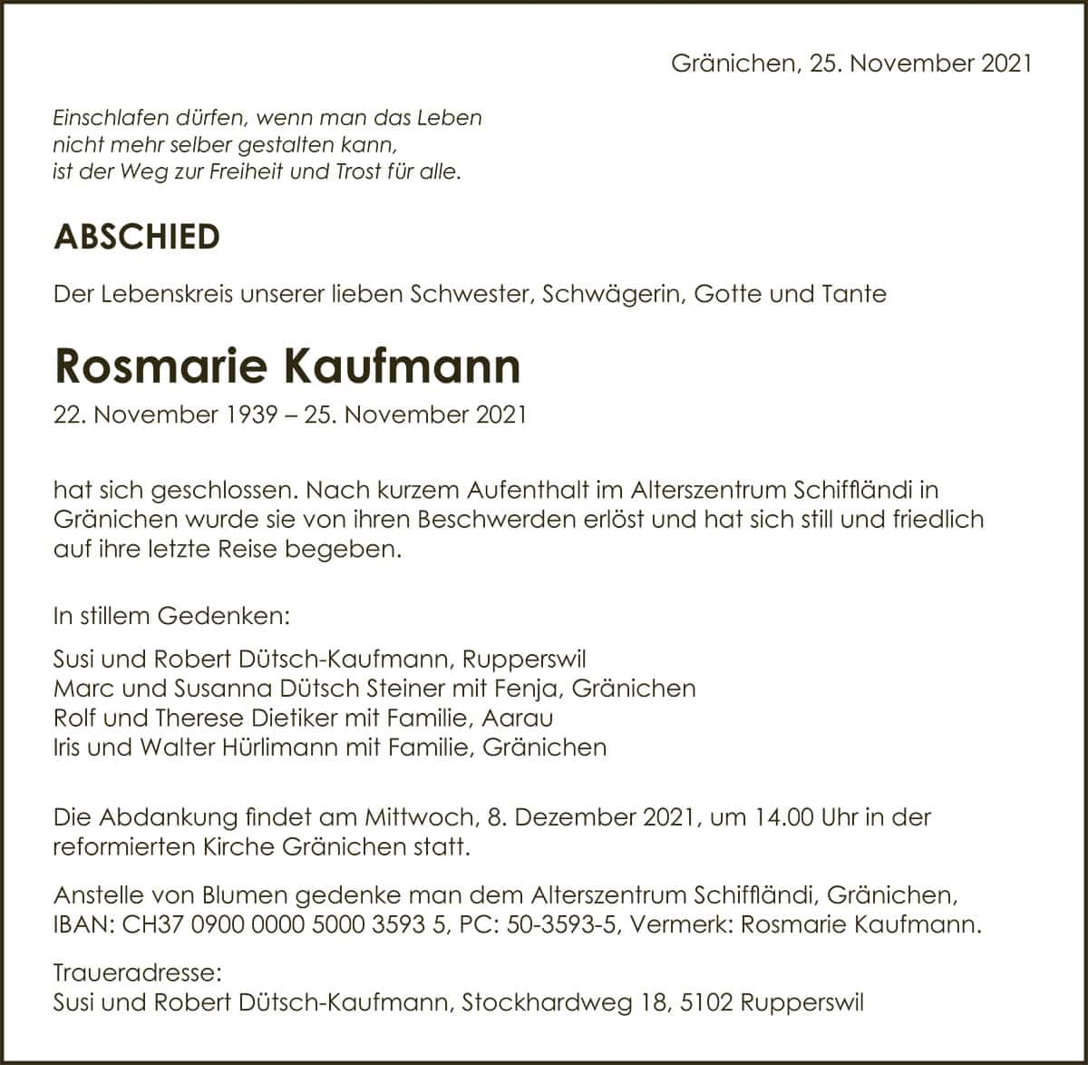 Todesanzeige Rosmarie_Kaufmann_1939 | Der Landanzeiger