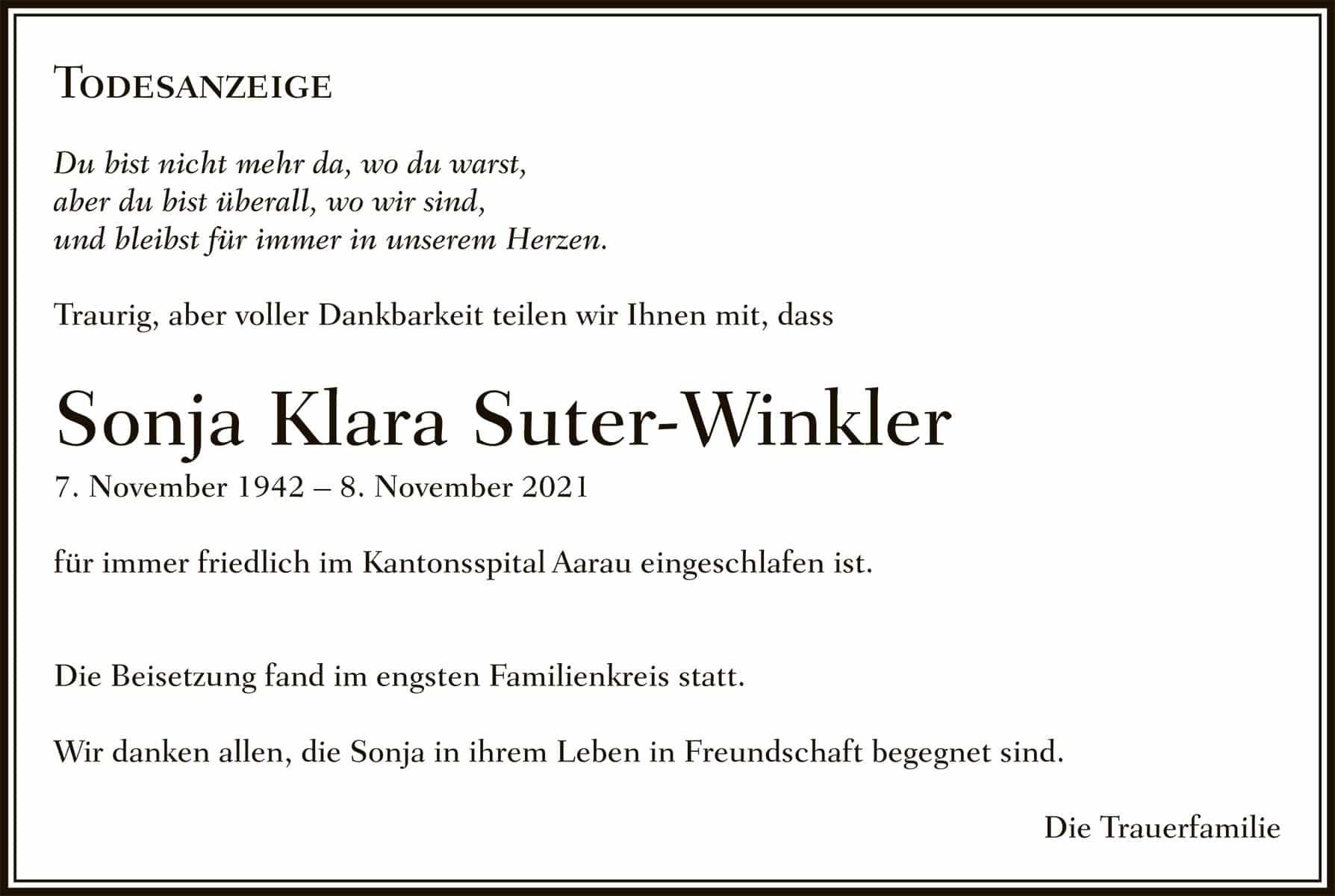 Todesanzeige Sonja_Klara_Suter-Winkler_1942 | Der Landanzeiger
