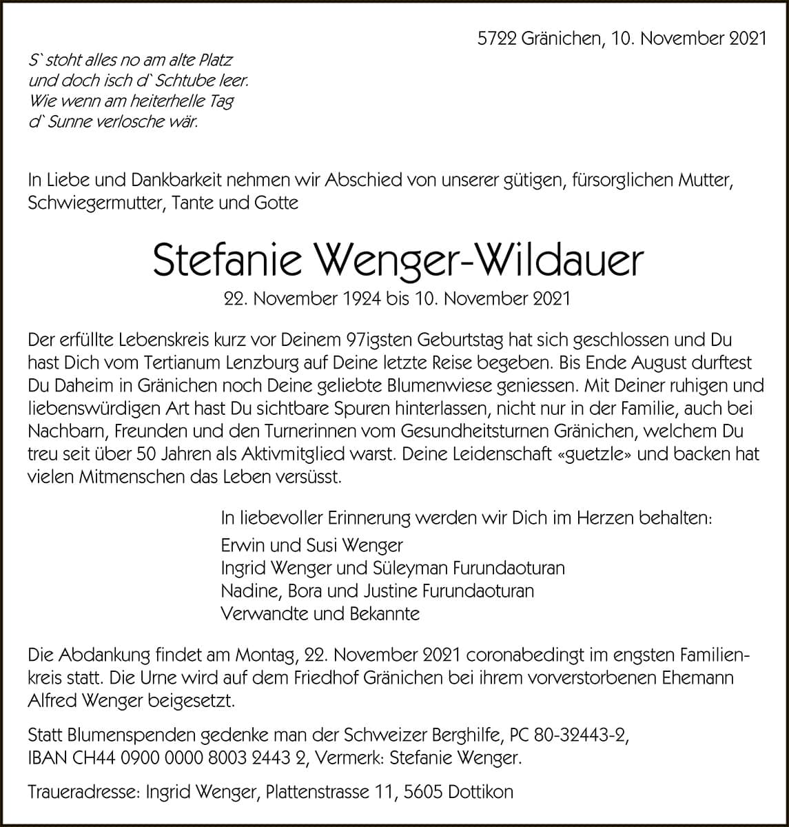 Todesanzeige Stefanie_Wenger-Wildauer_1924 | Der Landanzeiger