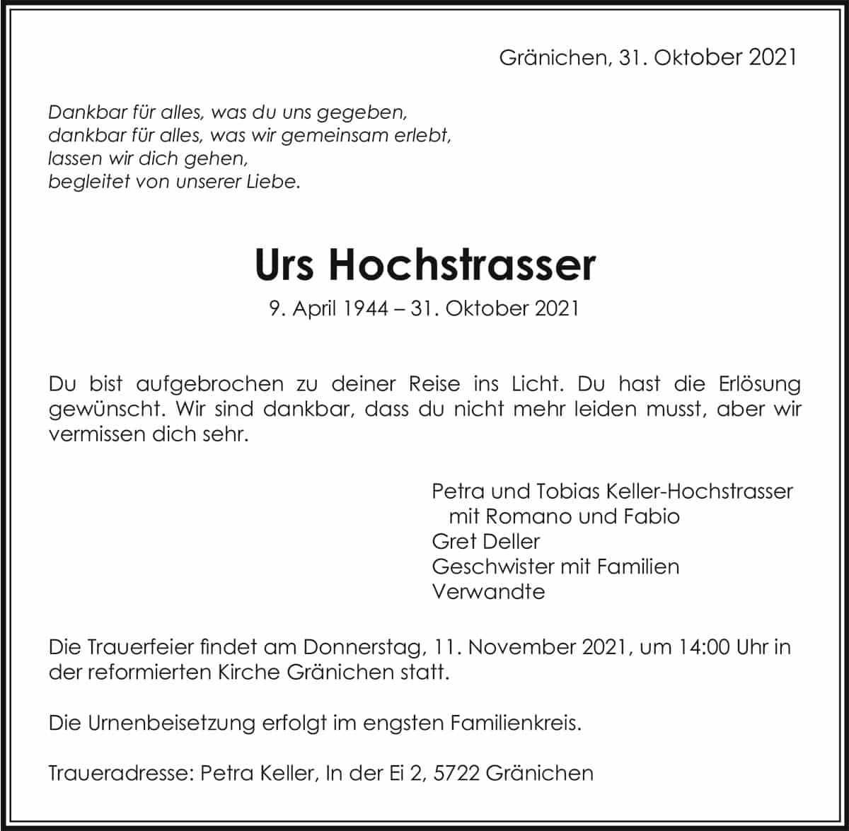 Todesanzeige Urs Hochstrasser 1944 | Der Landanzeiger
