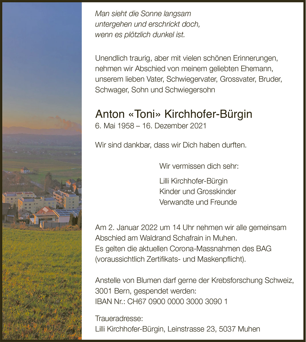 Todesanzeige Anton Kirchhofer-Bürgin 1958 | Der Landanzeiger