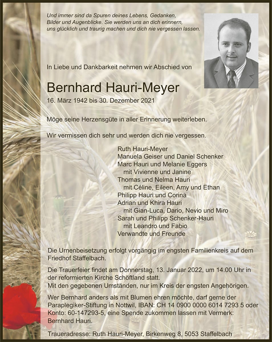 Todesanzeige Bernhard Hauri-Meyer 1942 | Der Landanzeiger