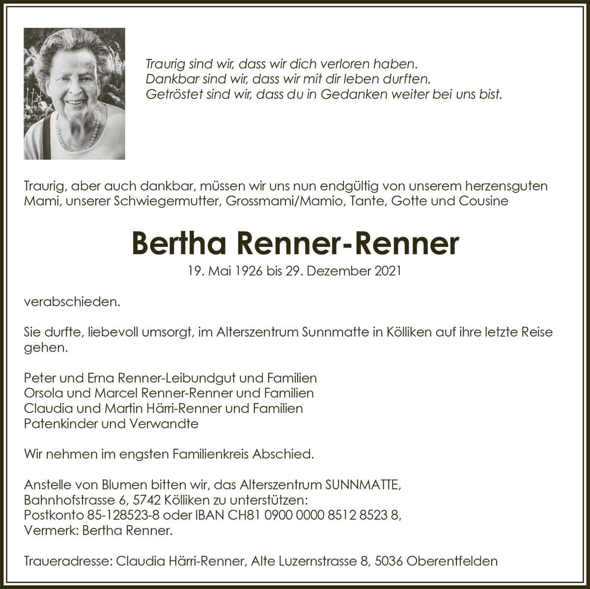 Todesanzeige Bertha Renner-Renner 1926 | Der Landanzeiger