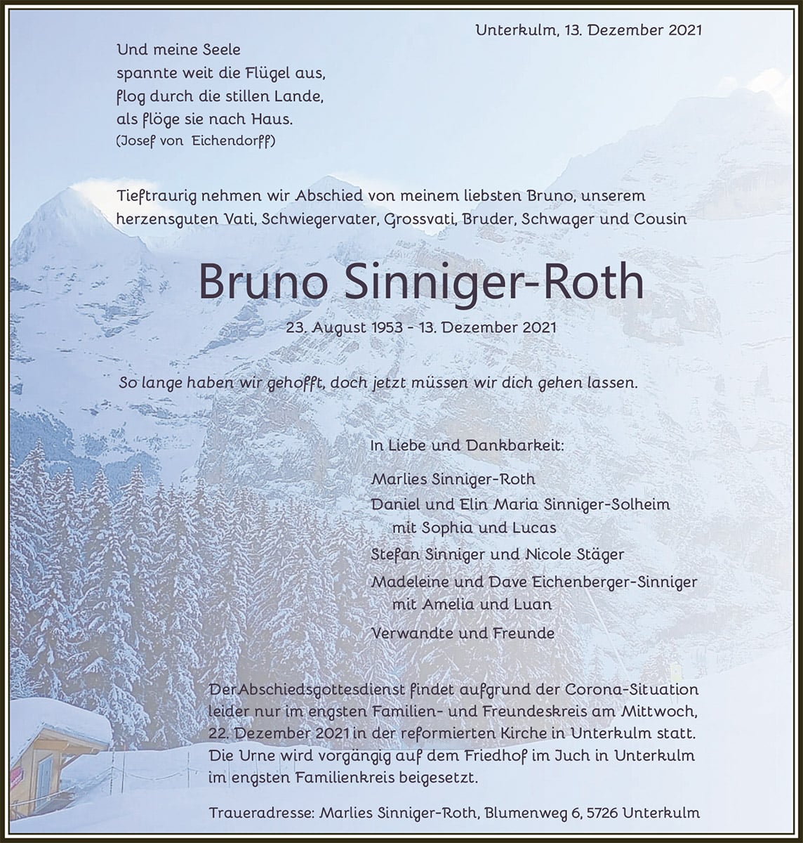 Todesanzeige Bruno Sinniger-Roth 1953 | Der Landanzeiger