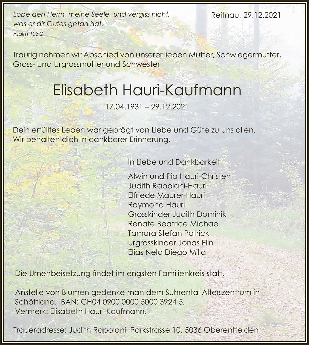 Todesanzeige Elisabeth Hauri-Kaufmann 1931 | Der Landanzeiger