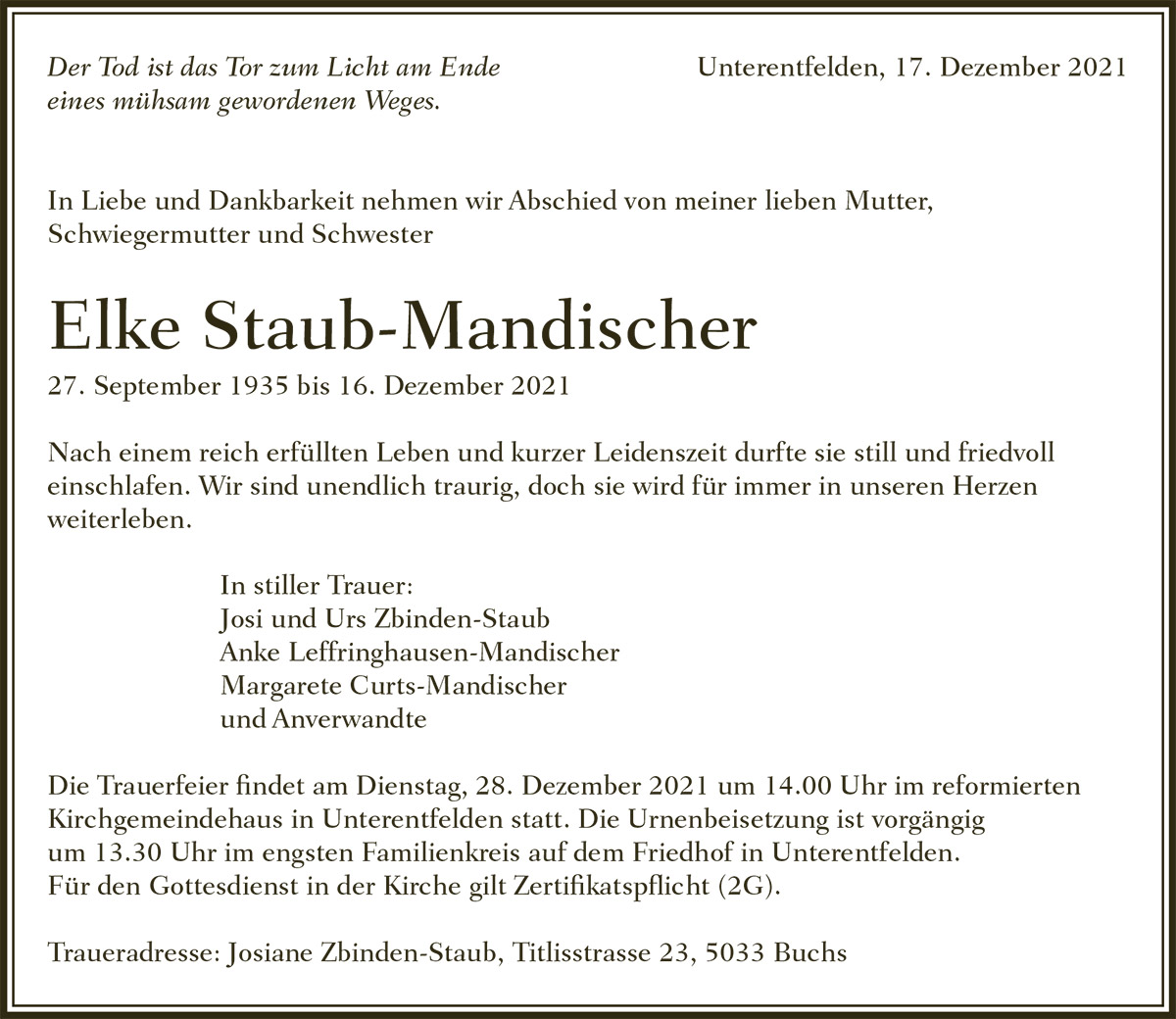 Todesanzeige Elke Staub-Mandischer 1935 | Der Landanzeiger