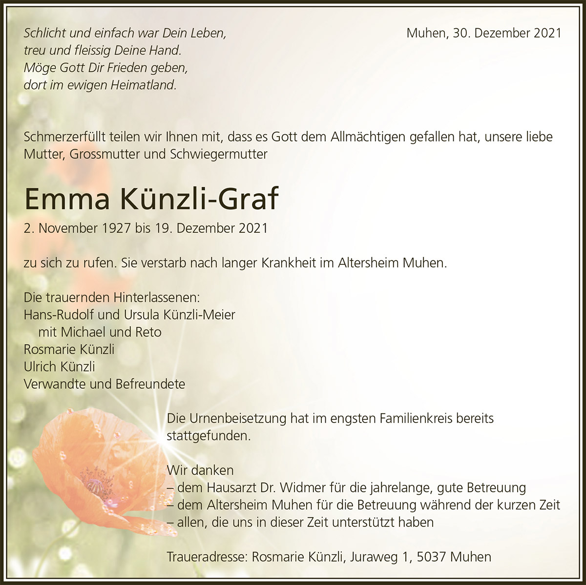 Todesanzeige Emma Künzli-Graf 1927 | Der Landanzeiger
