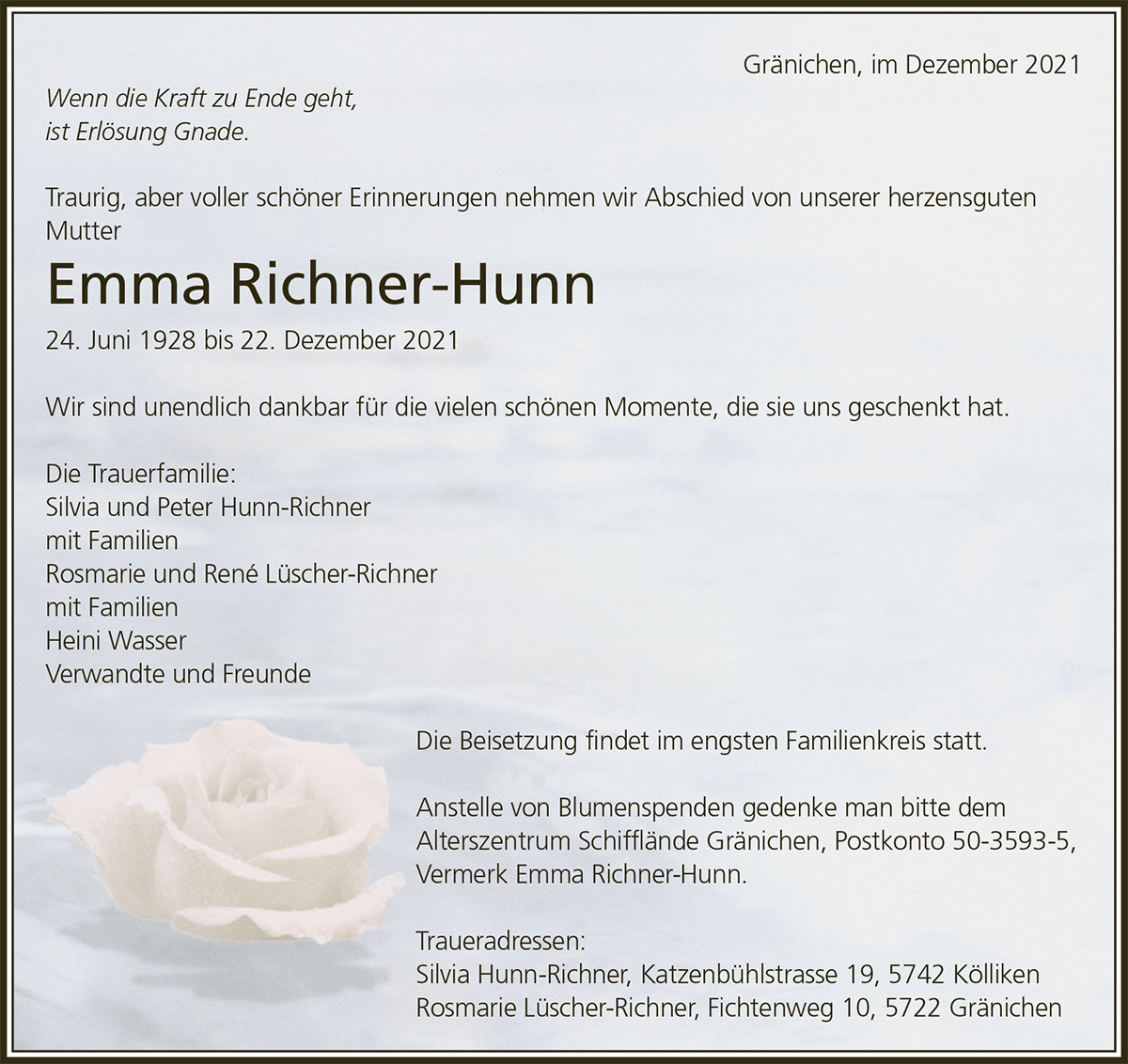 Todesanzeige Emma Richner-Hunn 1928 | Der Landanzeiger