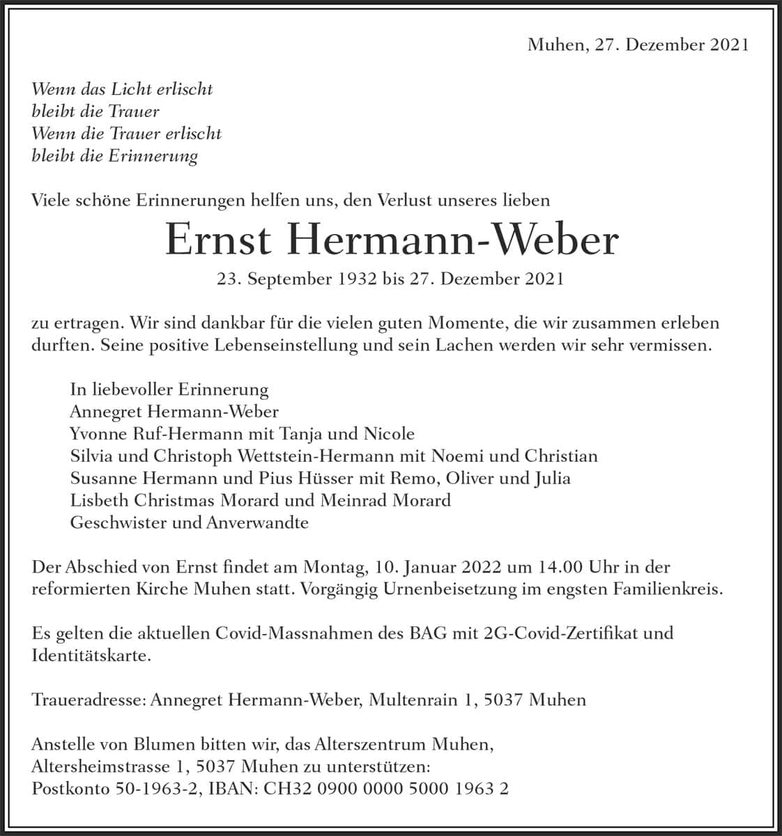 Todesanzeige Ernst Hermann-Weber 1932 | Der Landanzeiger