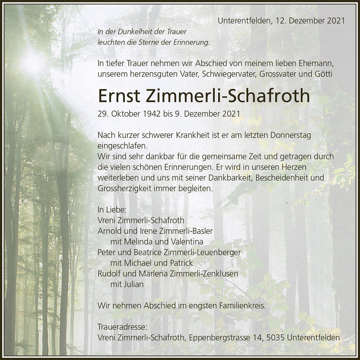 Todesanzeige Ernst Zimmerli-Schafroth 1942 | Der Landanzeiger