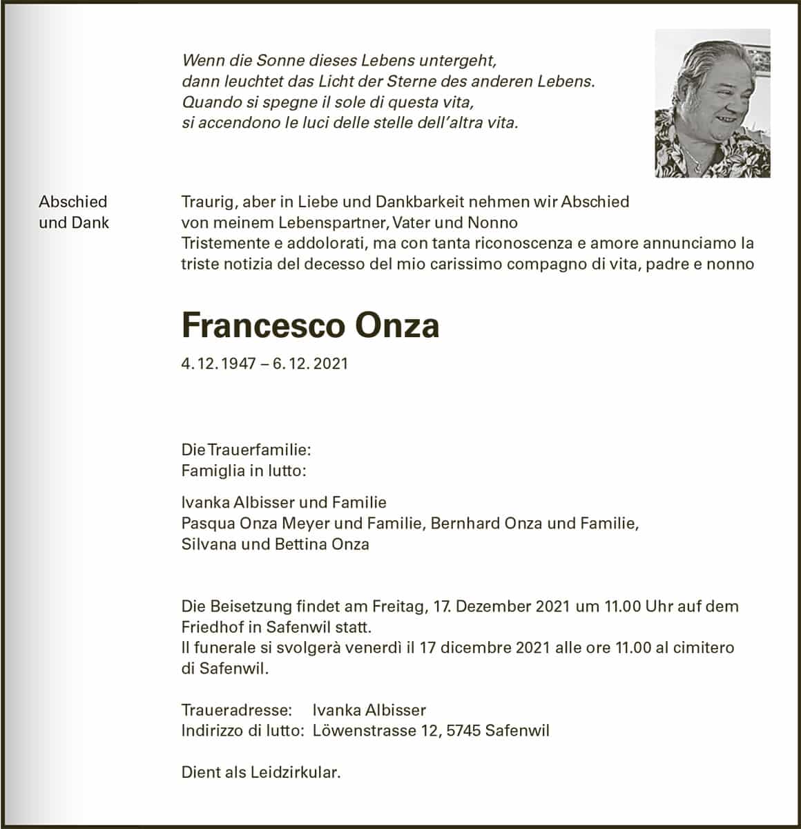 Todesanzeige Francesco Onza 1947 | Der Landanzeiger