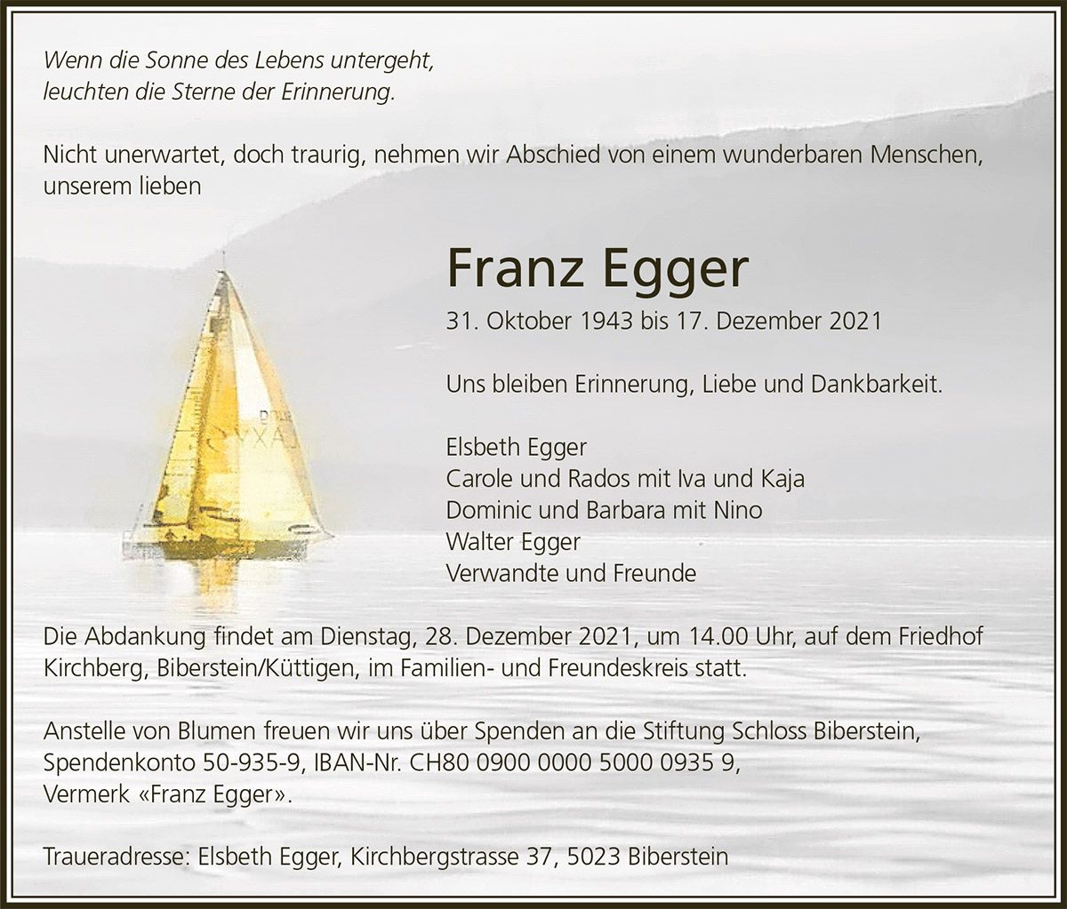 Todesanzeige Franz Egger 1943 | Der Landanzeiger