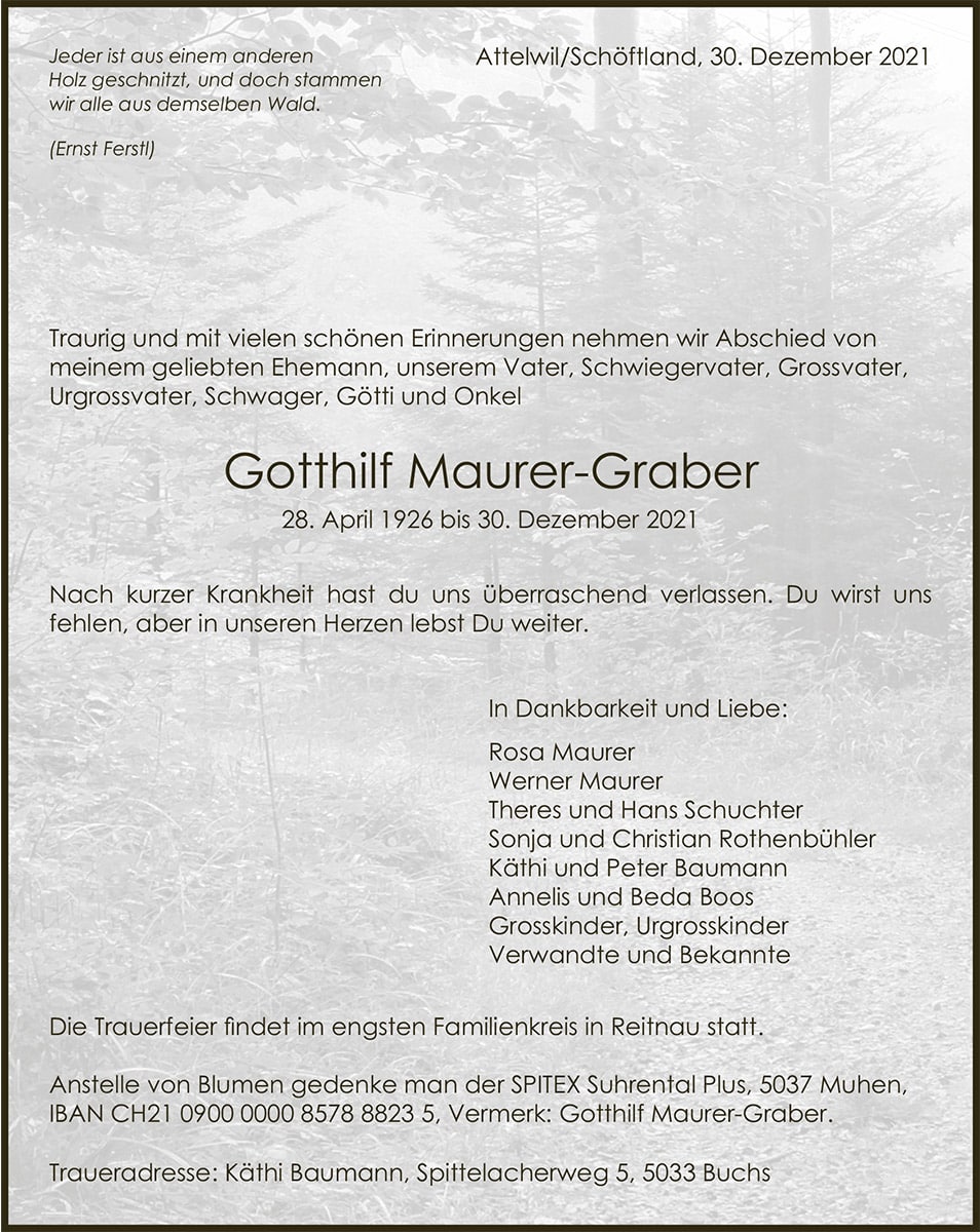 Todesanzeige Gotthilf Maurer-Graber 1926 | Der Landanzeiger