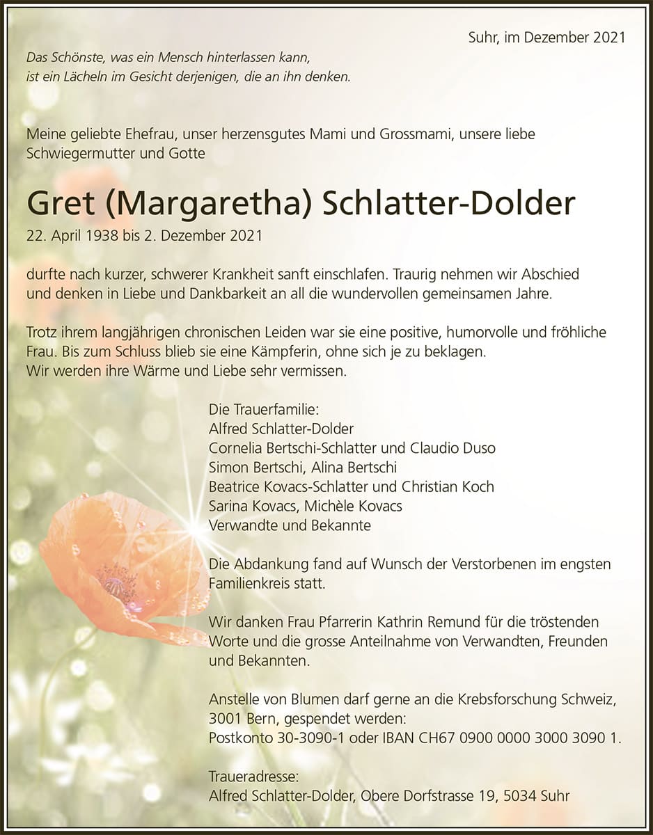 Todesanzeige Gret (Margaretha) Schlatter-Dolder 1938 | Der Landanzeiger