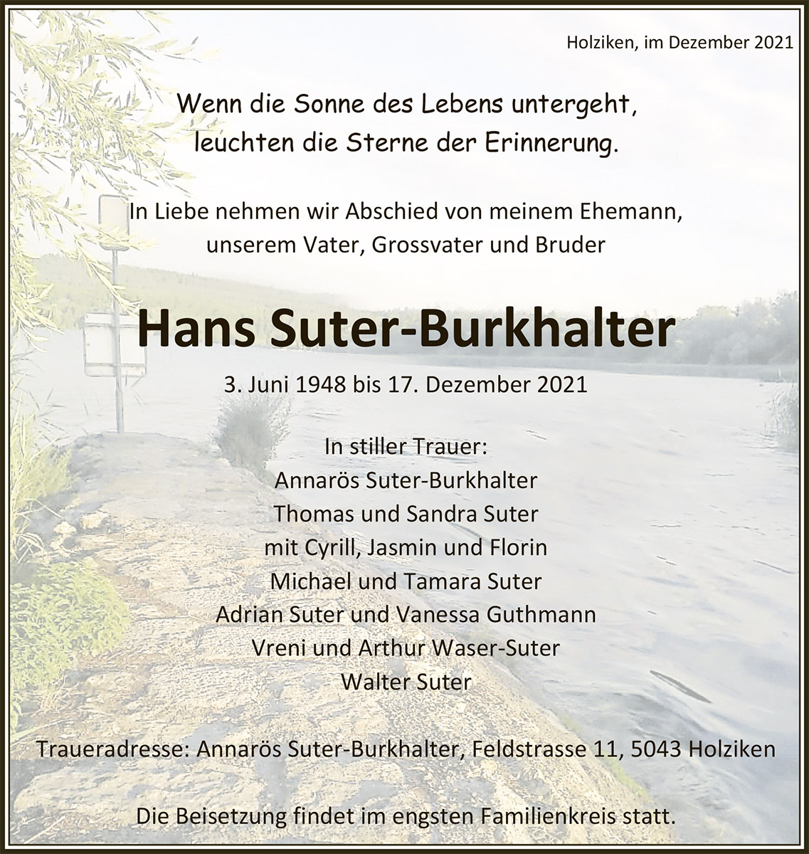Todesanzeige Hans Suter-Burkhalter 1948 | Der Landanzeiger