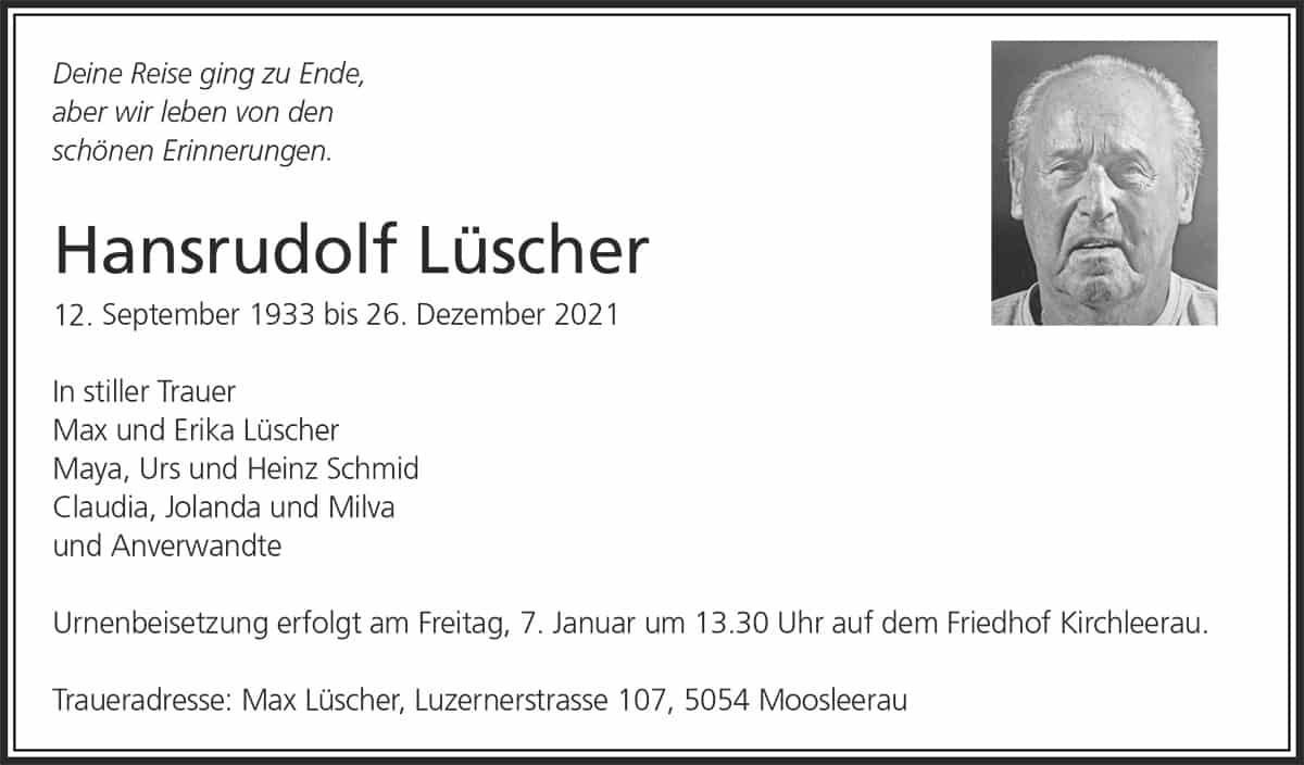 Todesanzeige Hansrudolf Lüscher 1933 | Der Landanzeiger