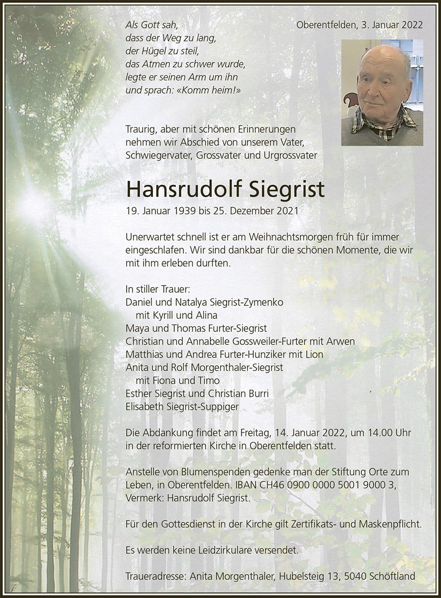 Todesanzeige Hansrudolf Siegrist 1939 | Der Landanzeiger
