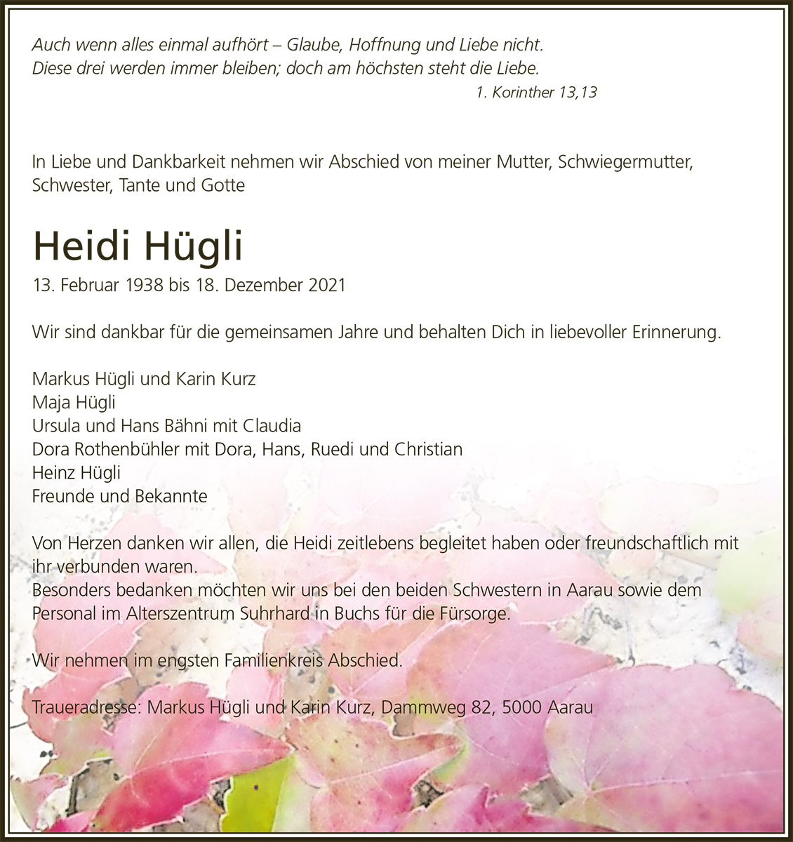 Todesanzeige Heidi Hügli 1938 | Der Landanzeiger