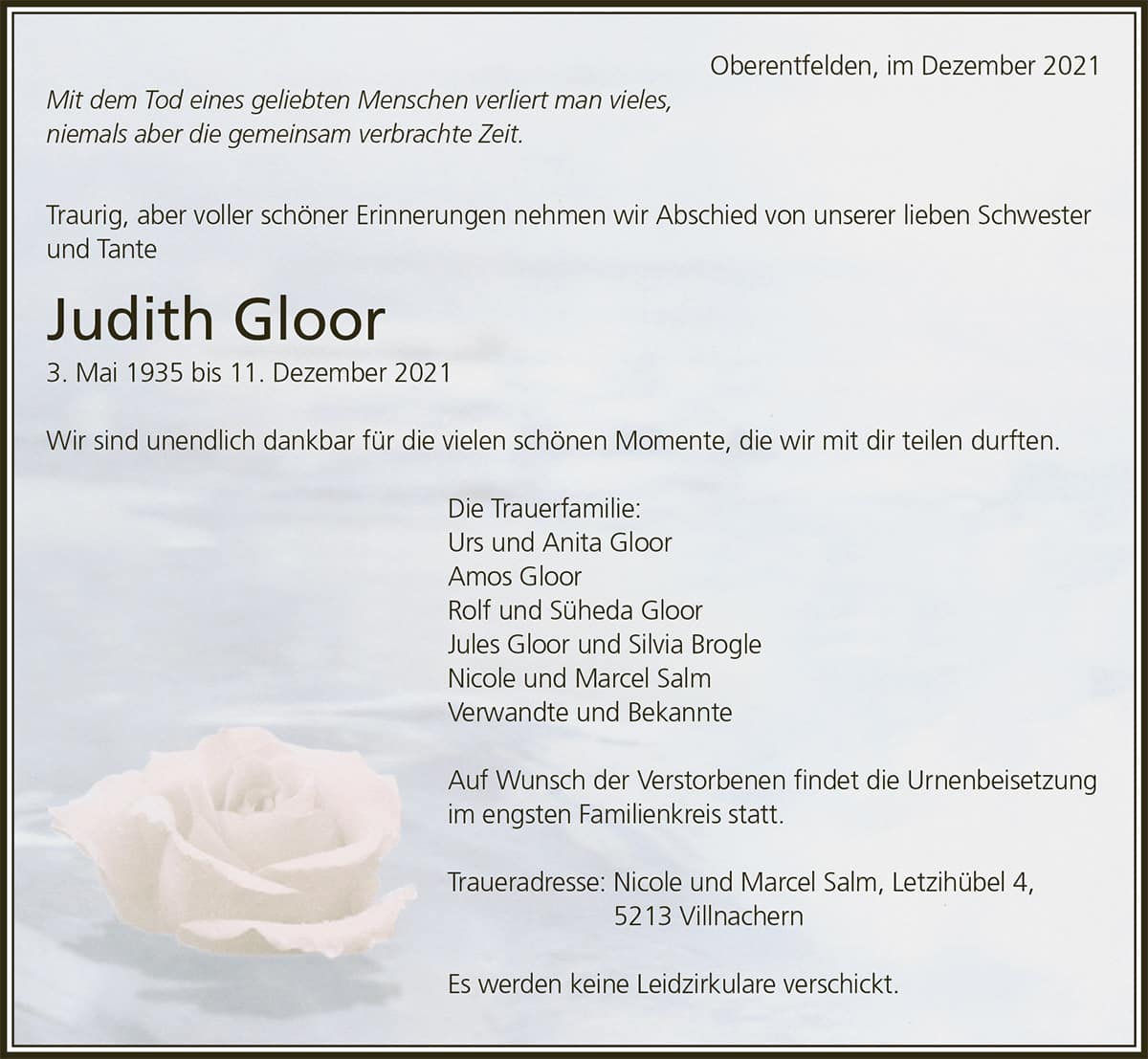Todesanzeige Judith Gloor 1935 | Der Landanzeiger