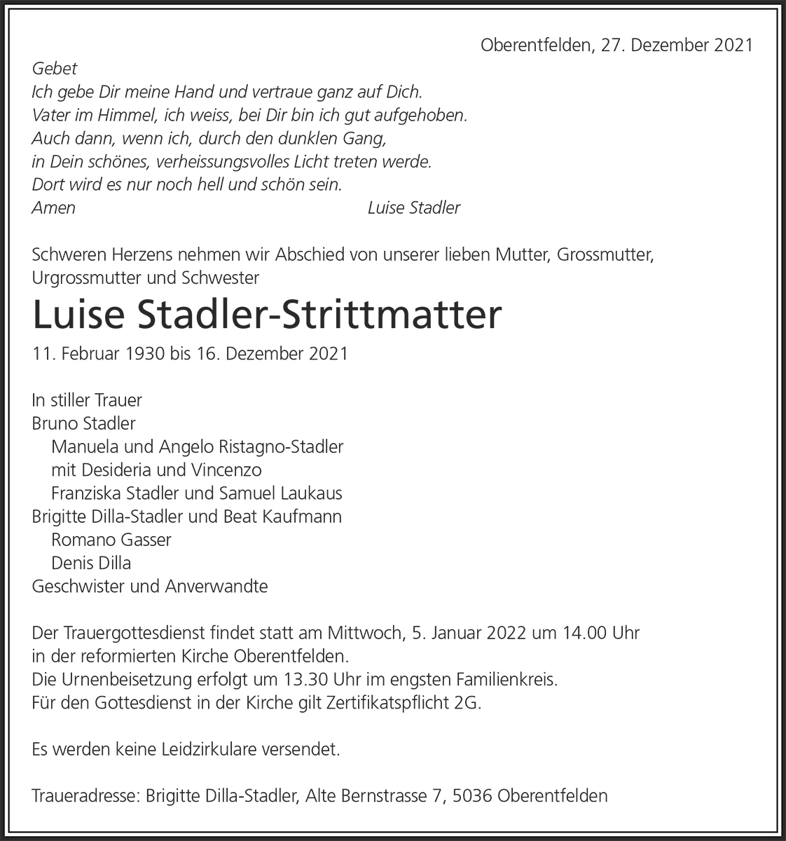 Todesanzeige Luise Stadler-Strittmatter 1930 | Der Landanzeiger